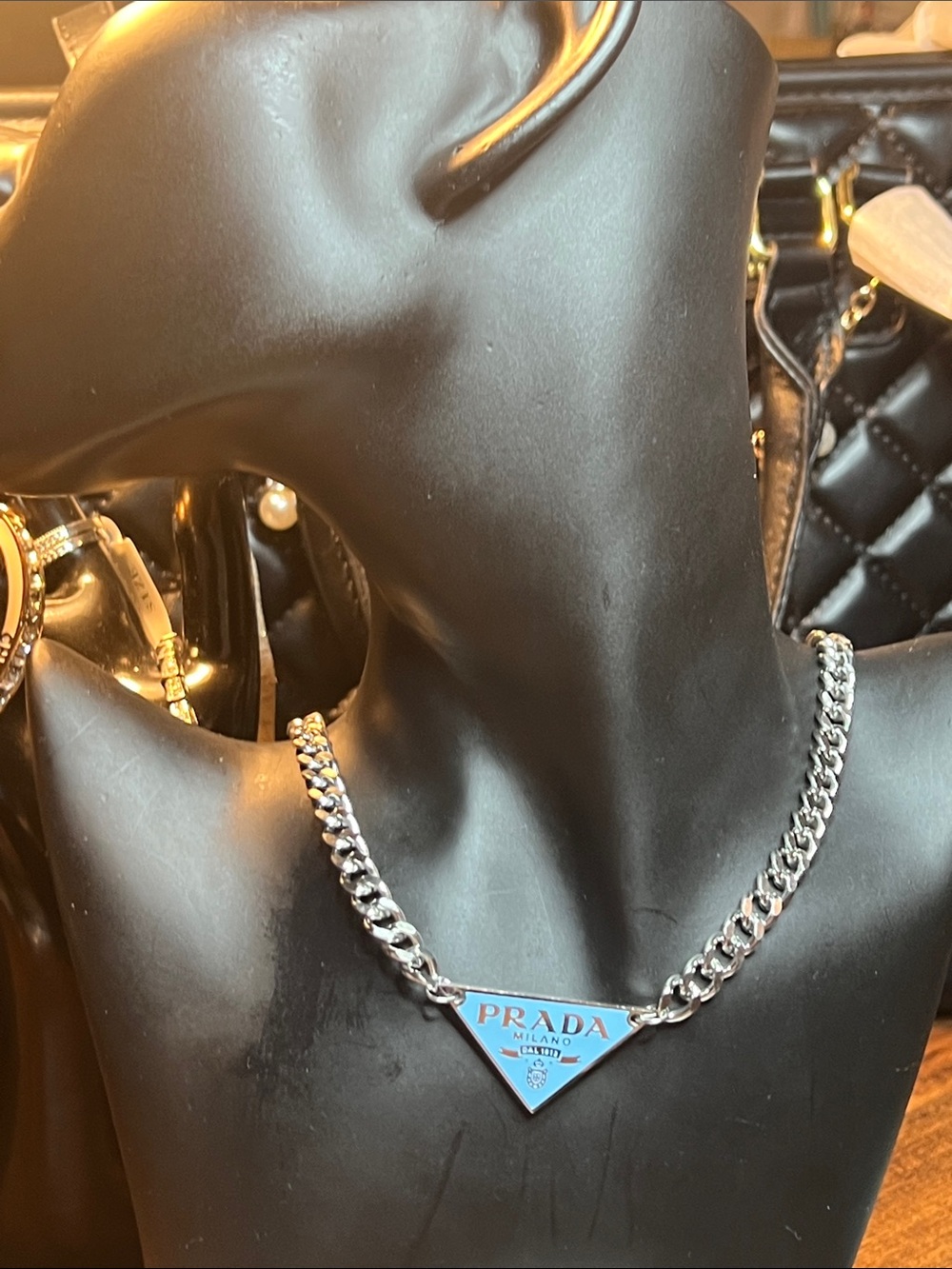 Stainless Steel Silver Chain Necklace with Light Blue Triangle Logo